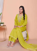 Miravan Womens Muslin Yellow Kurta And Palazzo With Dupatta Set - Distacart