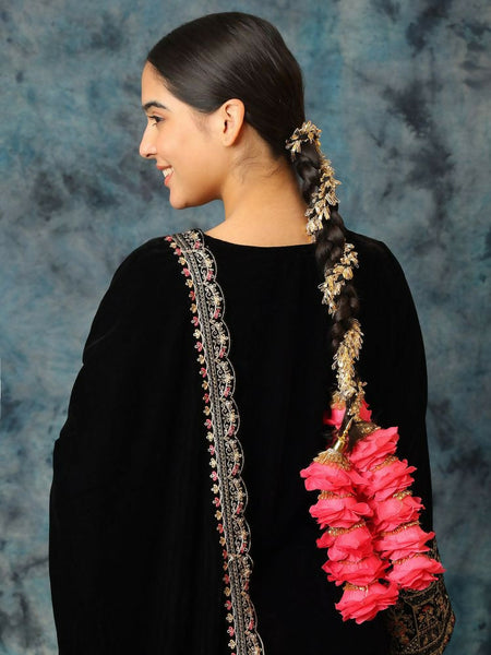 Ruby Raang Gold Gota Pati Work And Pink Rosses With Black Thread & Golden Stones