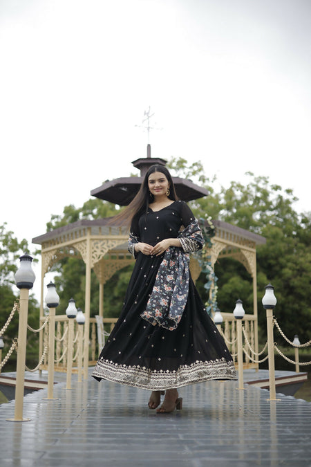 Aayaa Designer Embroidery Zari Sequins-Work Faux Blooming Georgette Suit - Black