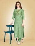 Jyoti Fashion Women's Sea Green Viscose Rayon Embroidered Kurta Pant Set