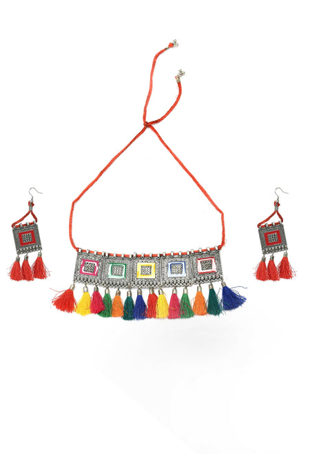 Mominos Fashion Johar Kamal Oxidised Silver-Plated Brass Finish Tassel Work Handicraft Choker For Women (Multi)