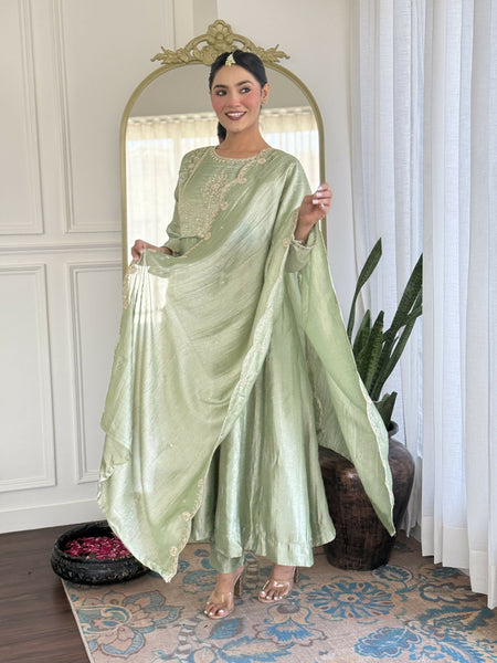 The52 Women's Beautiful Vichitra Silk Fabric Embroidery Work Flared Anarkali Pant and Dupatta Set