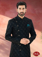 Joban Fashion Men's Blue Base Straight Velvet Thread And Sequence Embroidary All Over Indo-Western Kurta Set