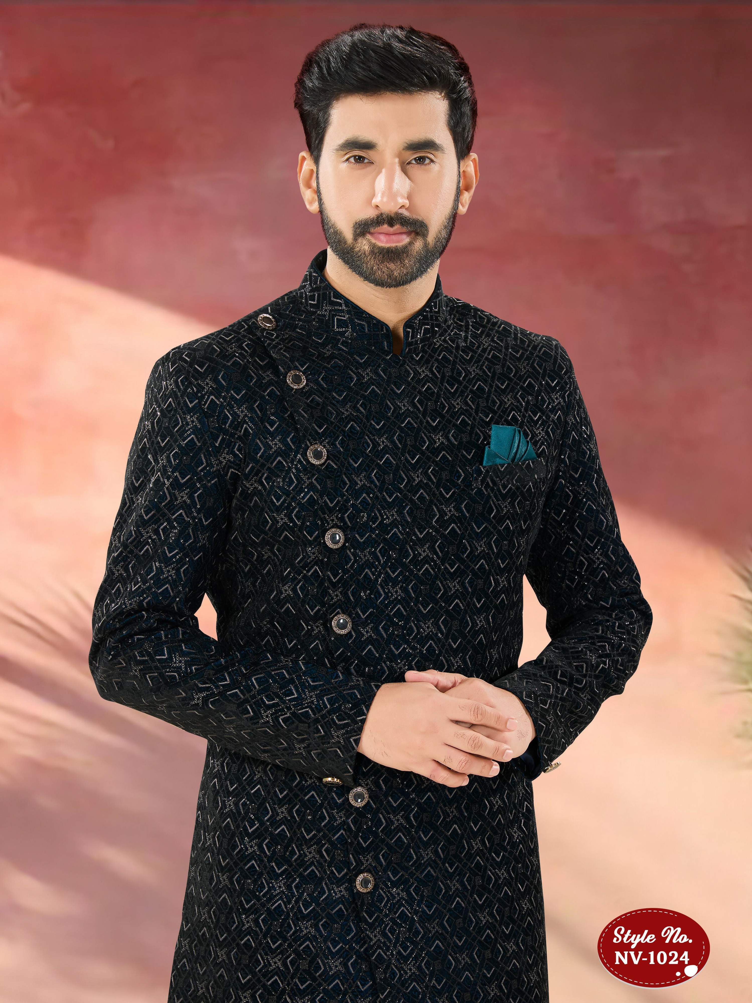 Joban Fashion Men's Blue Base Straight Velvet Thread And Sequence Embroidary All Over Indo-Western Kurta Set