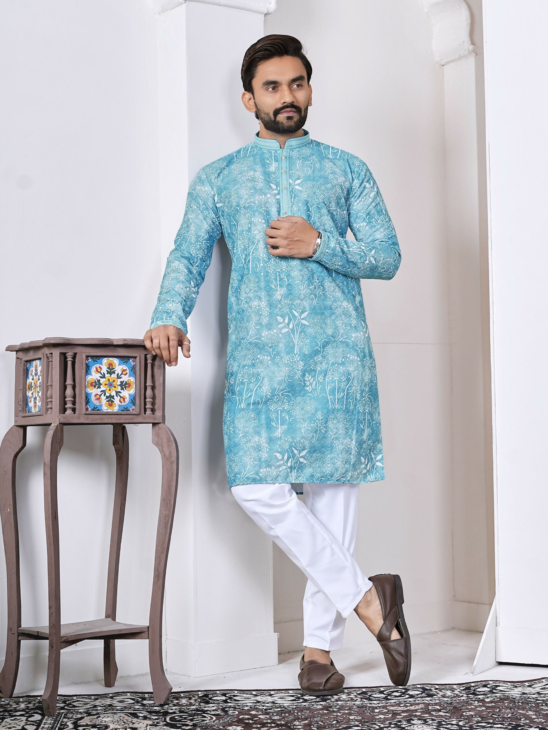 Anaita Sky Blue Digital Printed Work Cotton Straight Kurta