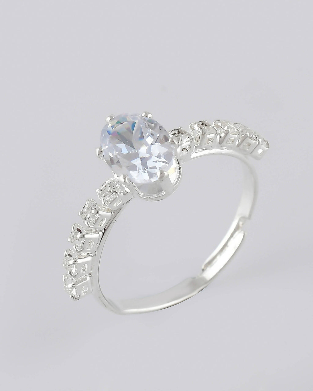 VOJ white CZ-detail Stainless Steel Cubic Zirconia Silver Plated Adjustable Finger Ring