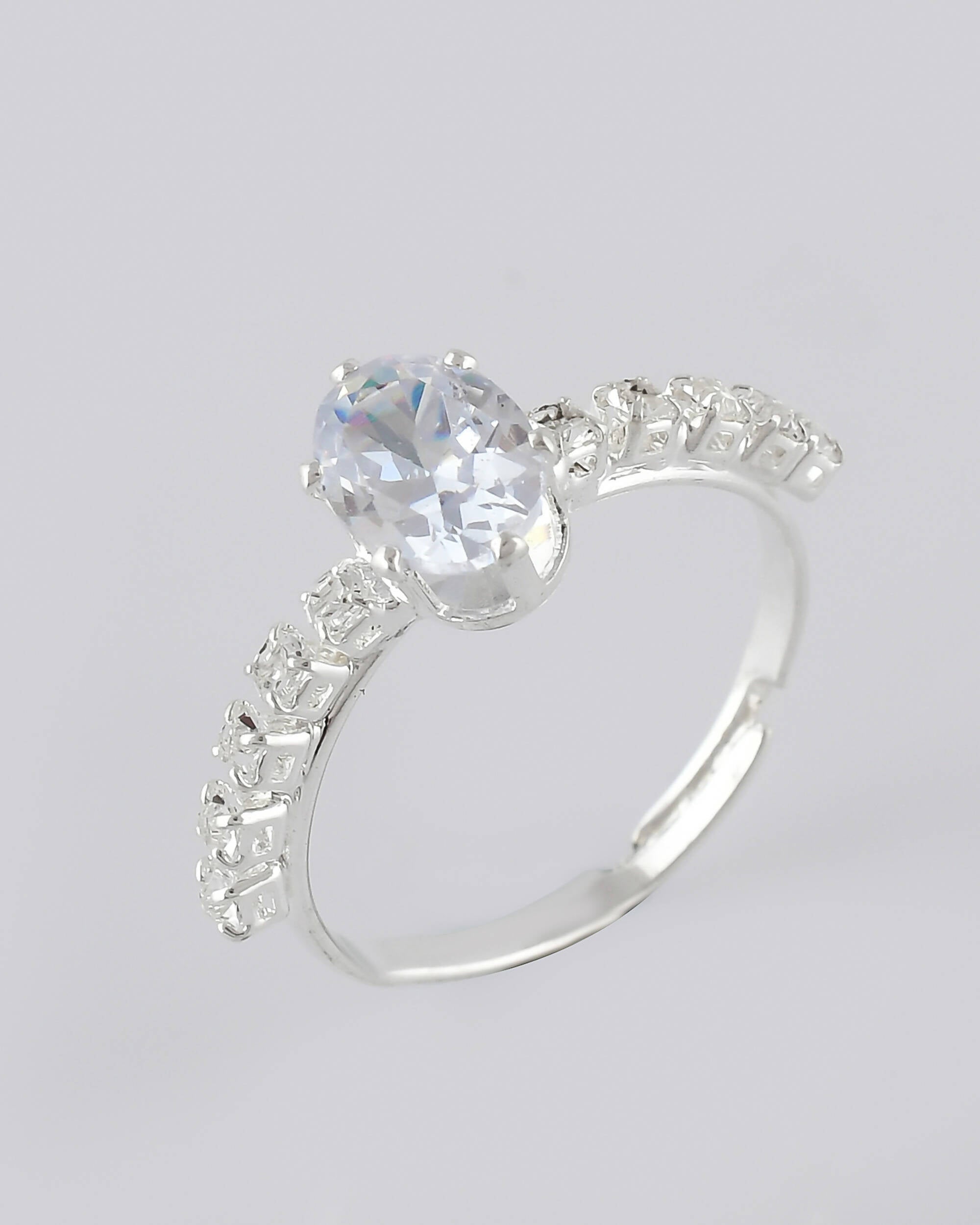 VOJ white CZ-detail Stainless Steel Cubic Zirconia Silver Plated Adjustable Finger Ring