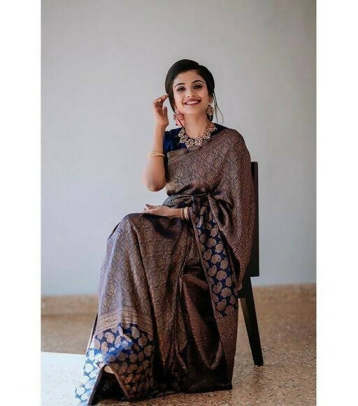 DEIANA'S Beautiful Designer Golden zari Soft Lichi Silk Saree - Blue