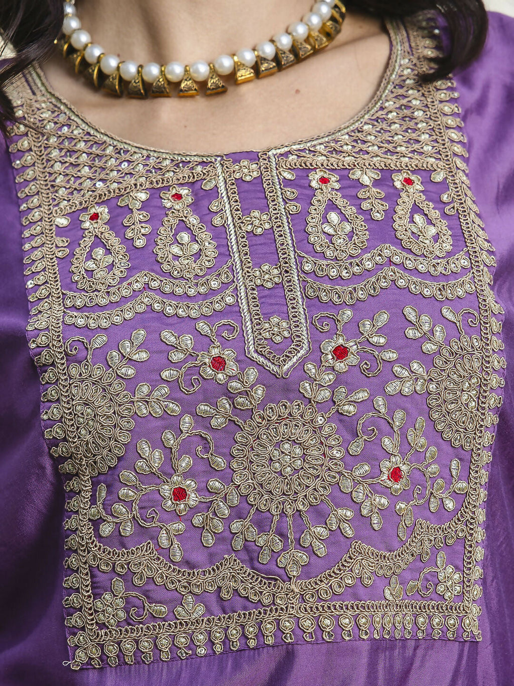 Vellora Royal Purple Silk Blend Embroidered Casual Suit for Women