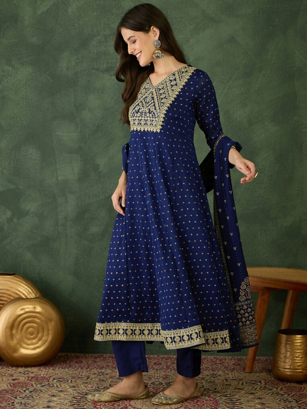 The52 Blue Women's Gorgeous Embroidered Work Vichitra Silk Fabric Flared Kurta Pant and Dupatta Set - Distacart