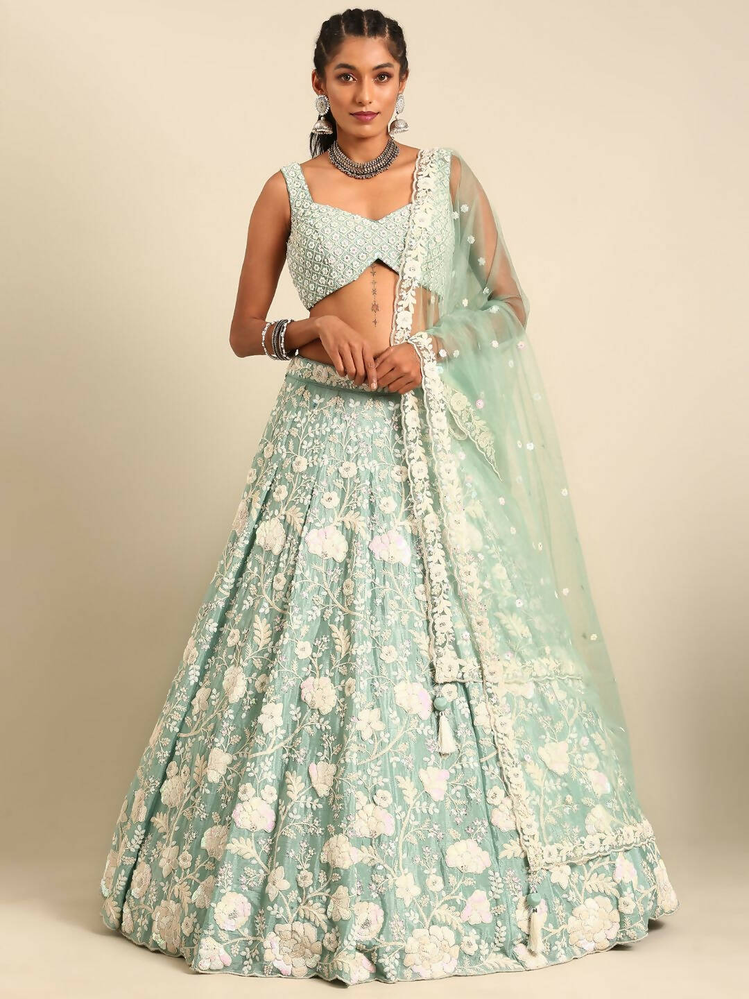 House of Panchhi Sea Green Chinon Sequins and Zarkan embroidery Lehenga choli & Dupatta