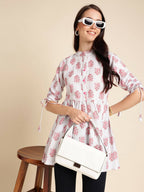 White Poly Rayon Digital Printed A-line Top - Tarini
