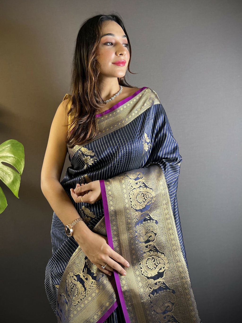 Joban Fashion Navy Blue Striped With Floral Motifs Soft Silk Leheriya Saree