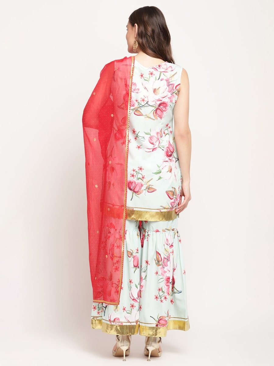 Ahalyaa Women's Mint Green Crepe Digital Floral Print Kurta Sharara Set with Dupatta