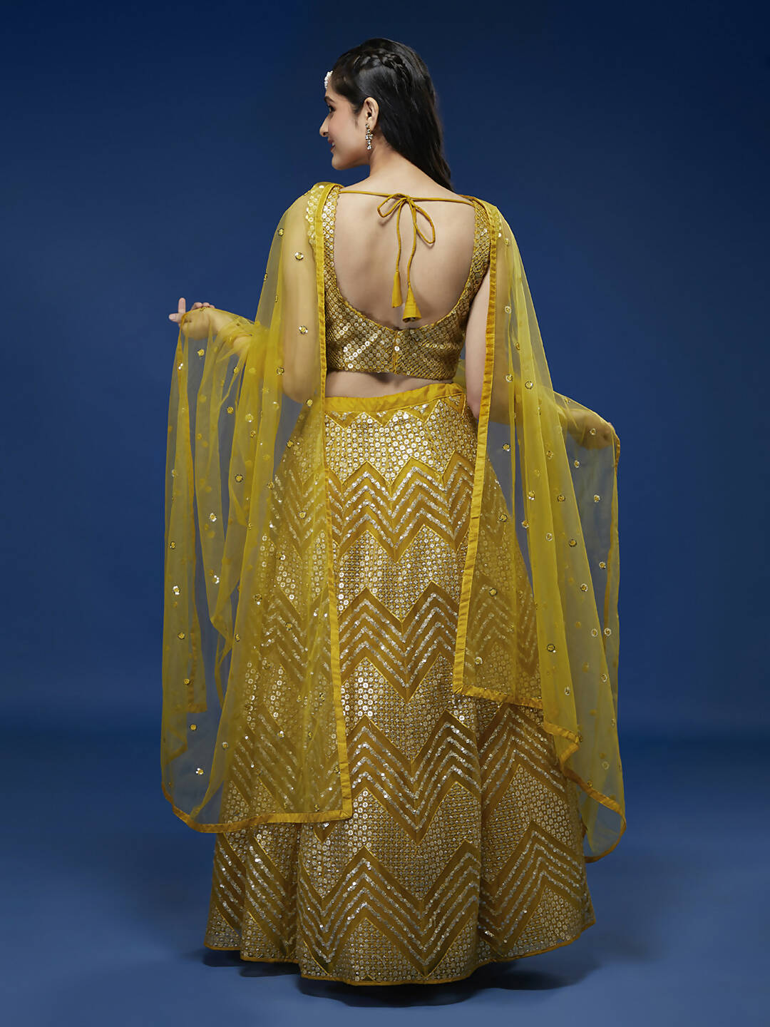 House of Panchhi Mustard Net Sequinse Work Lehenga & Blouse, Dupatta