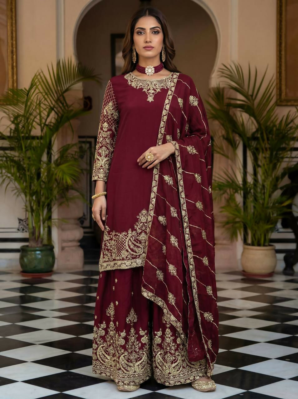 Teeya Creation Maroon Chinon Silk Designer Wedding Wear Embroidery Work Palazzo - Distacart
