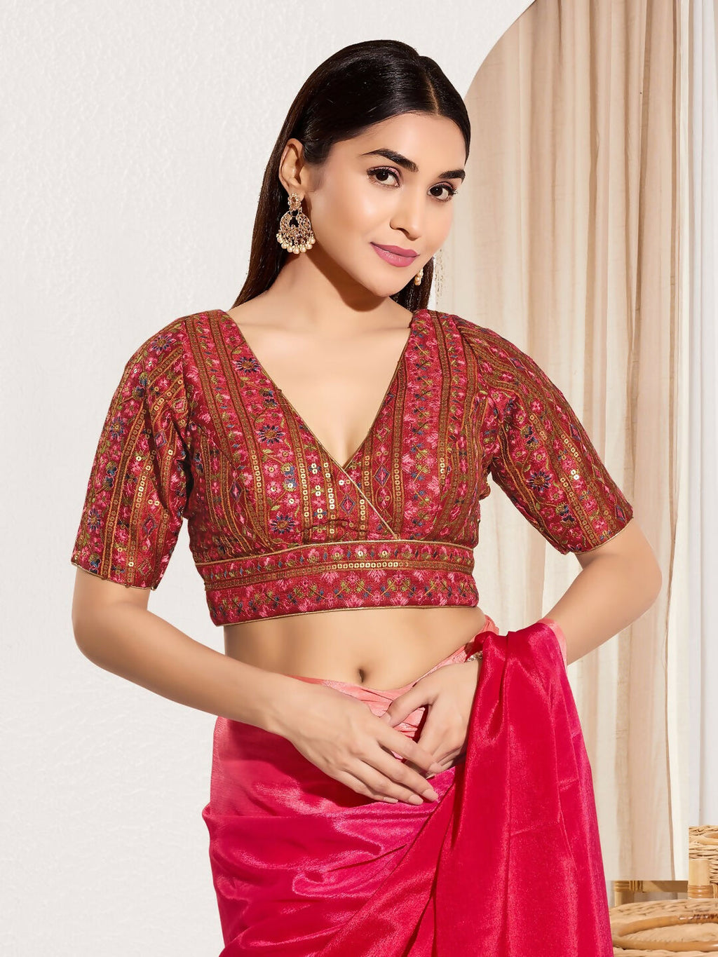 Joban Fashion Maroon Mulberry Silk Padded Blouse With V Neck Elbow Sleeves - Distacart
