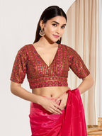 Joban Fashion Maroon Mulberry Silk Padded Blouse With V Neck Elbow Sleeves - Distacart