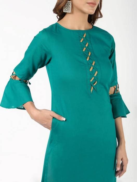 Aniyah Cotton Criss Cross Bell Sleeves Blue Straight Kurta (AN-143K)
