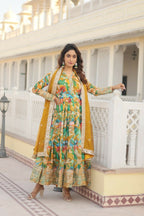 Jyoti Fashion Women's Green Russian Silk Sequins Zari Embroideredy Anarkali Dress with Dupatta