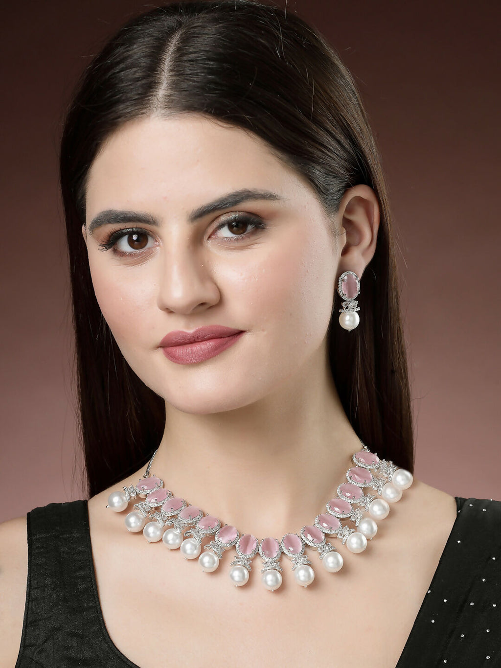 NVR Women's Silver-Plated Pink American Diamond Studded Handcrafted Jewellery Set