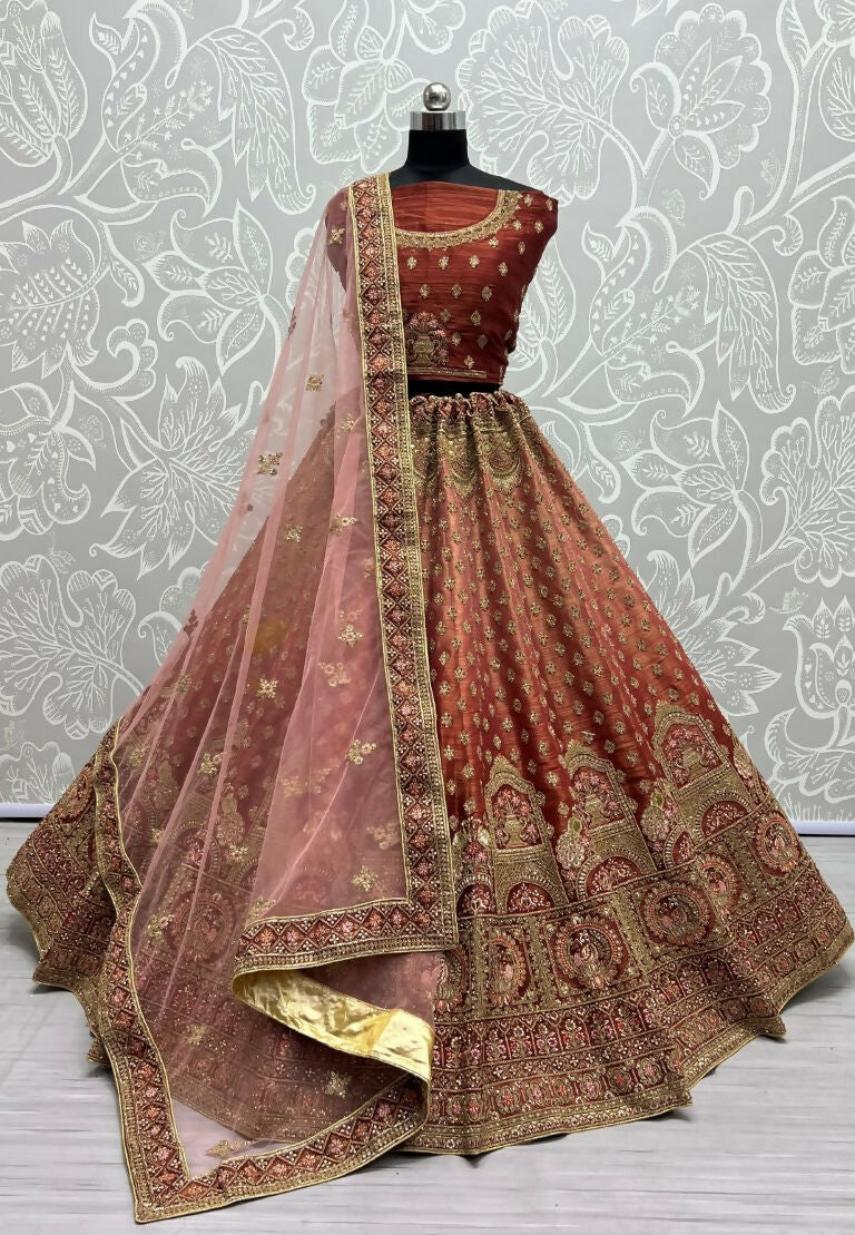 Jyoti Fashion Women's Scarlet Bridal Net Fancy Dori & Sequins Multi Thread Embroidered with Diamond Work Wedding Lehenga Choli