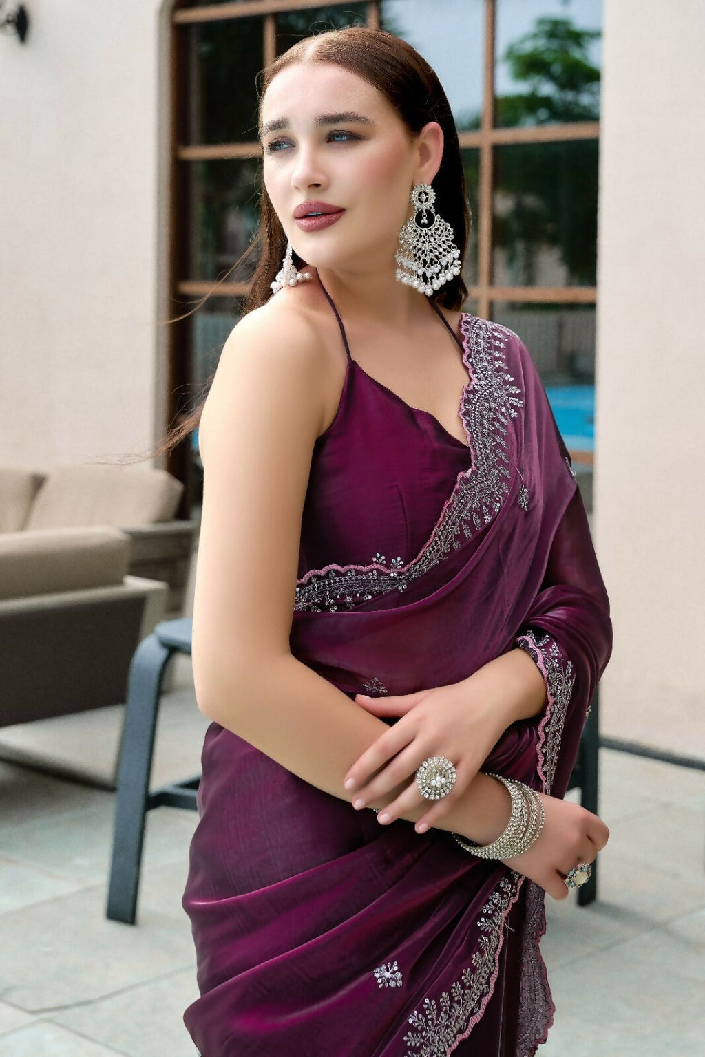Vastranavya Wine Embroidery Work Shimmer Chiffon Saree with Unstitched Blouse - Distacart