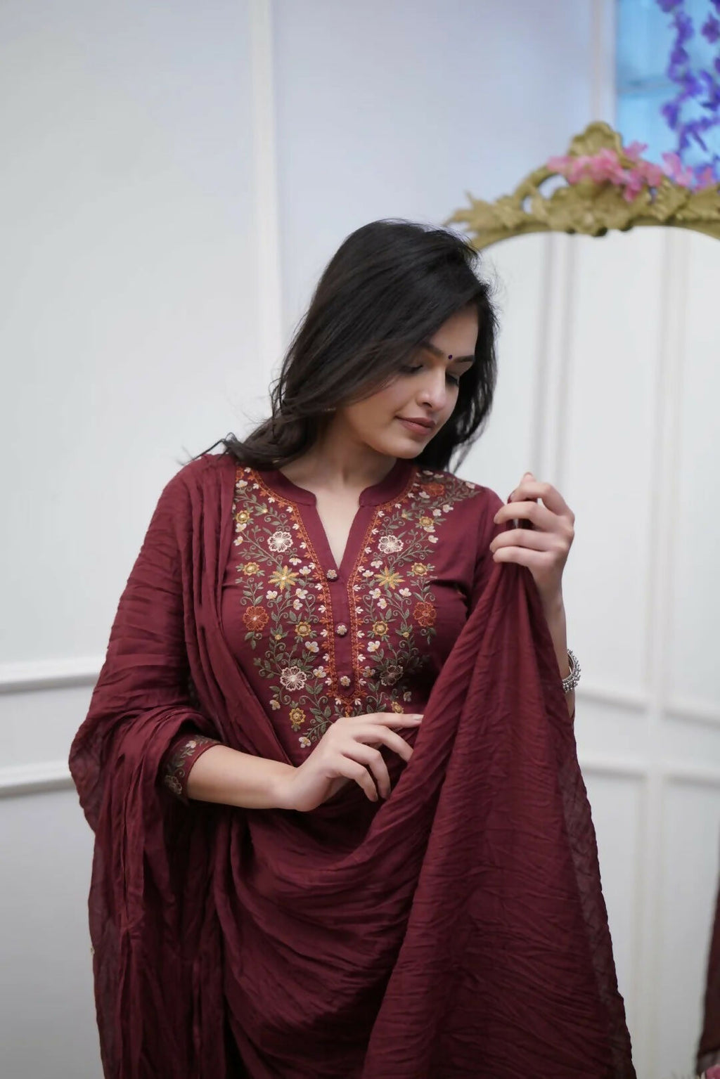 The52 Women's Beautiful Rayon Slub Fabric Thread Work Straight Kurta Pant and Dupatta Set - Distacart
