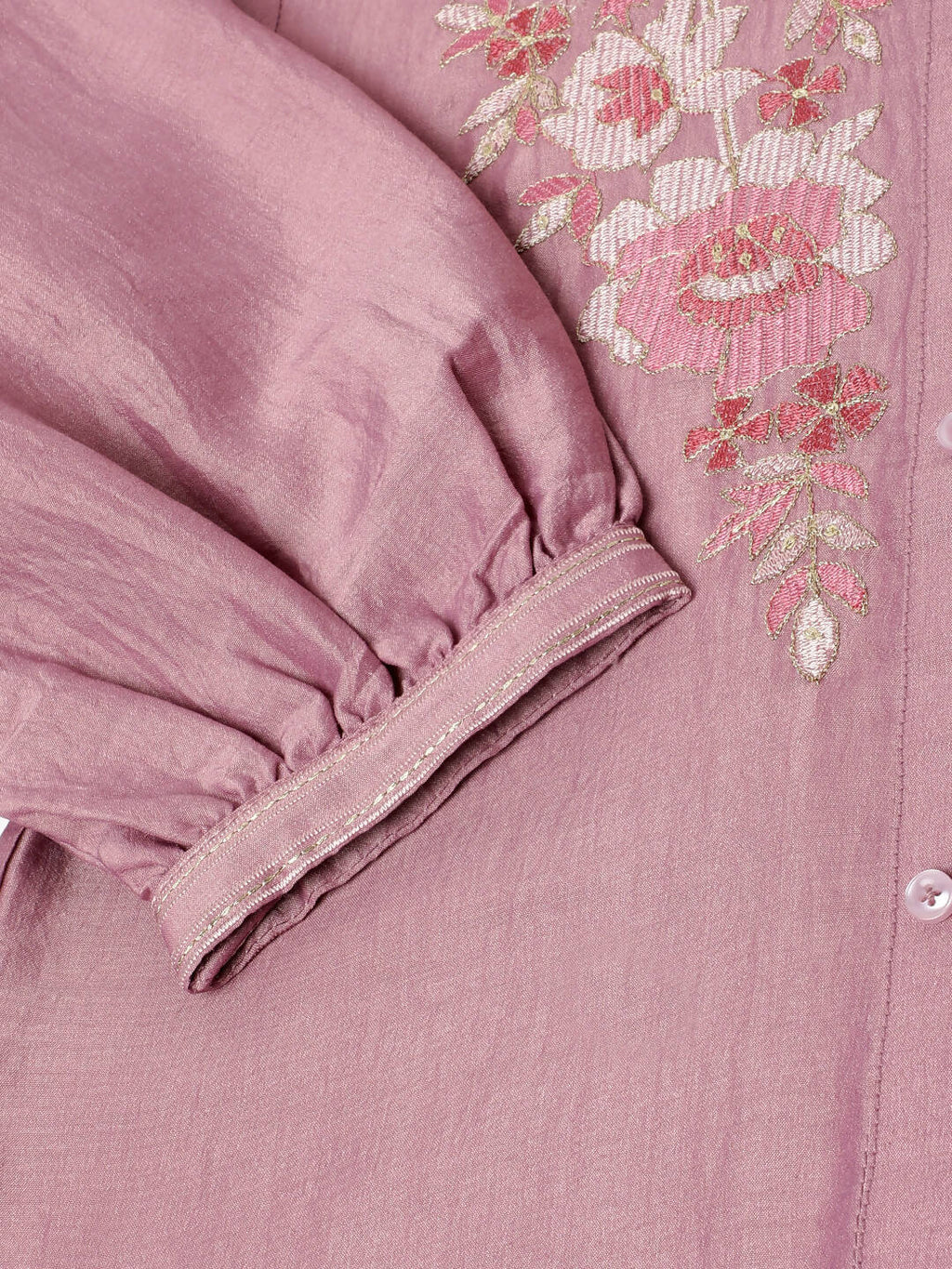 Dust Pink Chinon Yoke Embroidered A-line Top - Tarini
