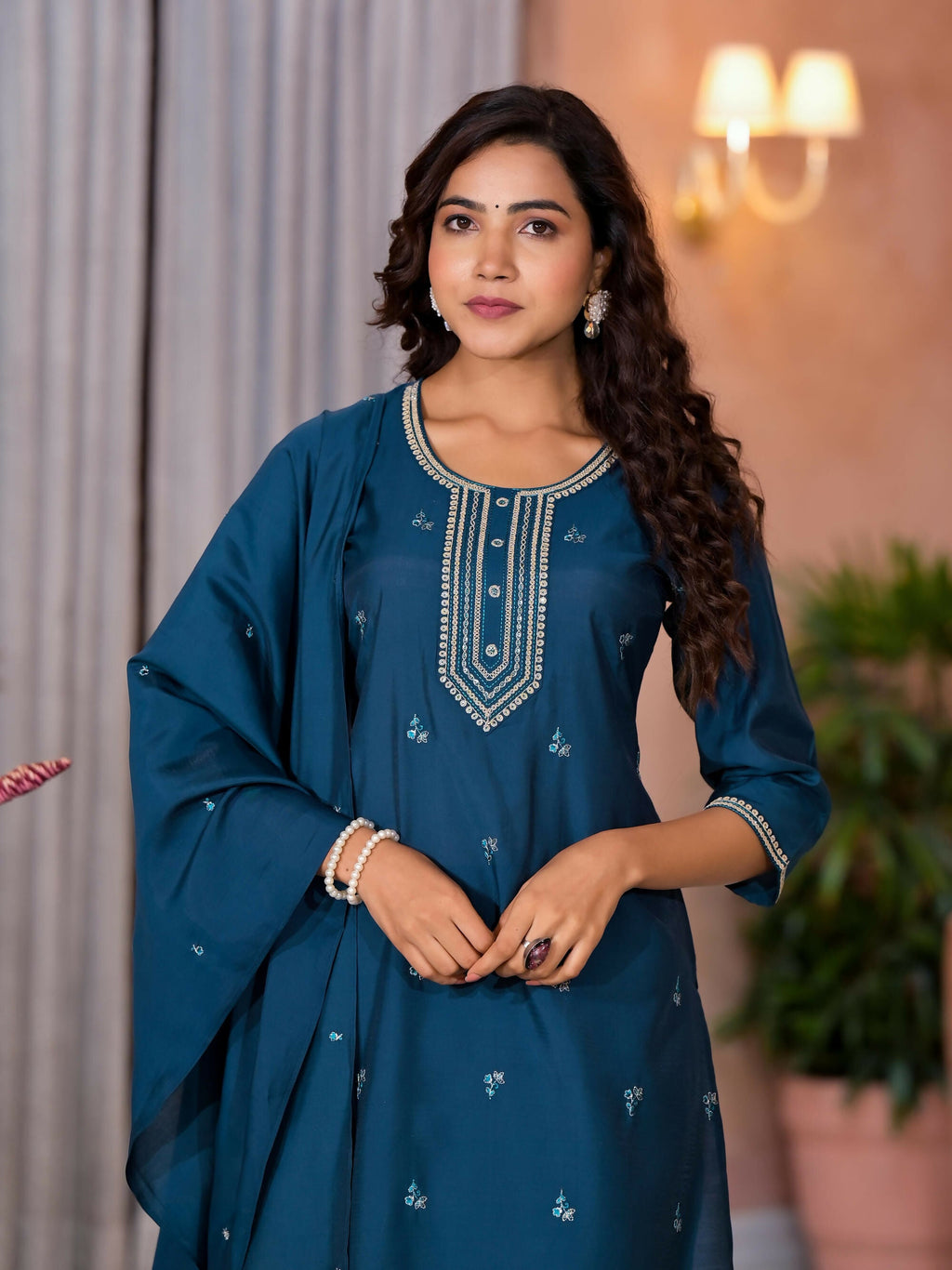 Juniper Women's Teal Thread Work Embroidered Viscose Kurta Pant And Dupatta Set With Buttons Work