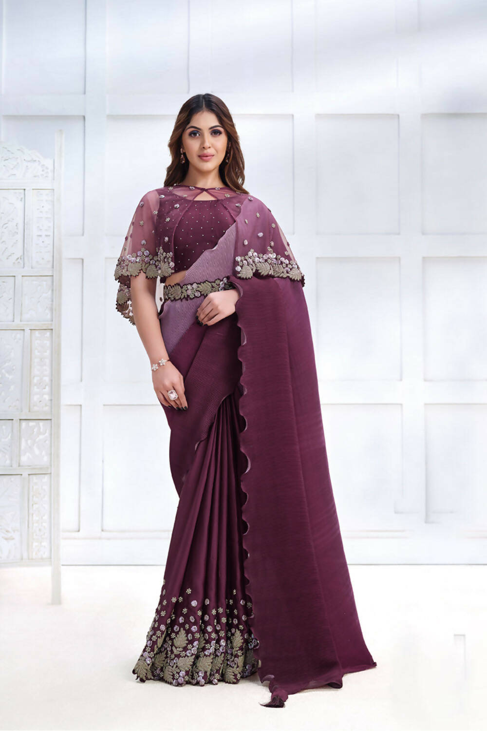 Wine Crepe satin silk Texture with Cord & Sequence Embroidered and Stone work Saree - Mohmanthan Majestica