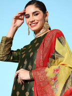 Ahalyaa Women's Olive Colour Poly Silk Gold Printed Kurta Pant Set With Dupatta - Distacart