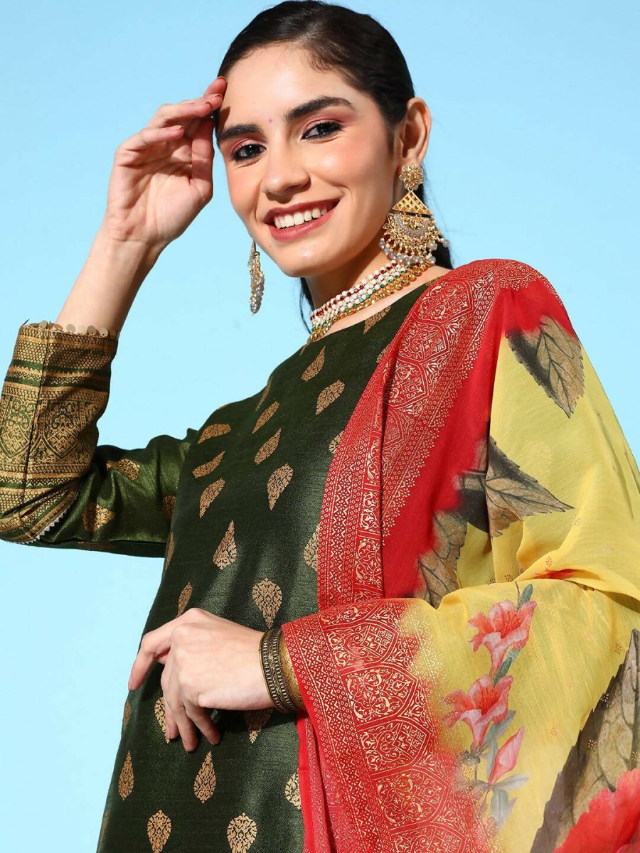 Ahalyaa Women's Olive Colour Poly Silk Gold Printed Kurta Pant Set With Dupatta - Distacart