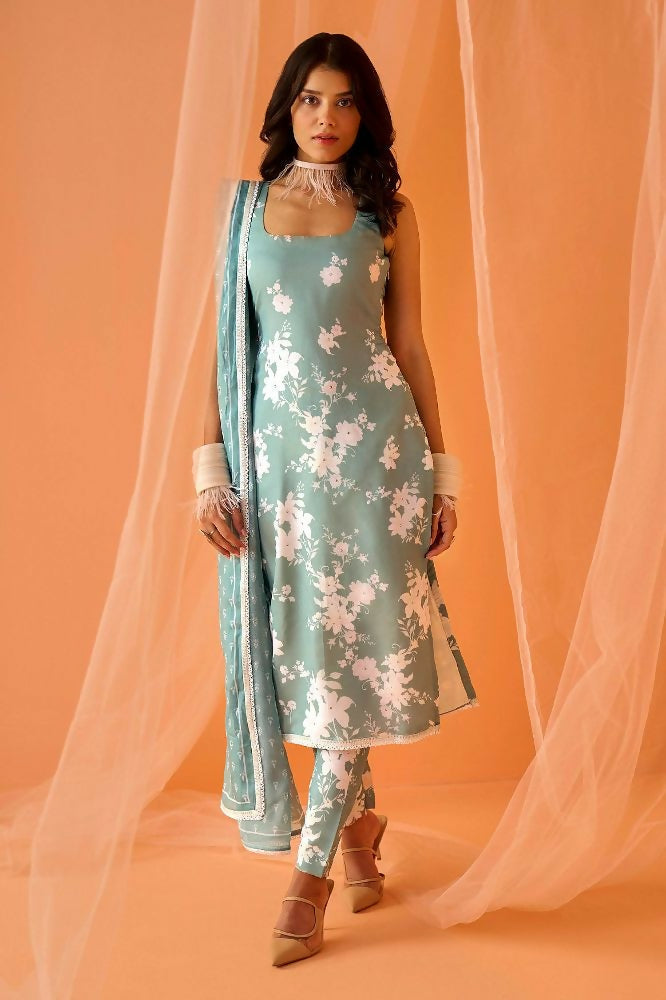 Teeya Creation Sea Green Color Designer Chinnon Silk Digital Print Kurt - Distacart