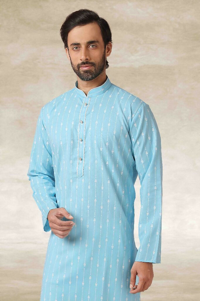 Raivat Ethnic Cotton Printed Work Kurta Pajama In Sky Blue Colour