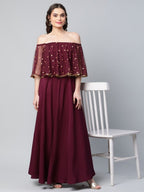 Ahalyaa Women Wine Colour Crepe & Net Gold Printed Dress - Distacart