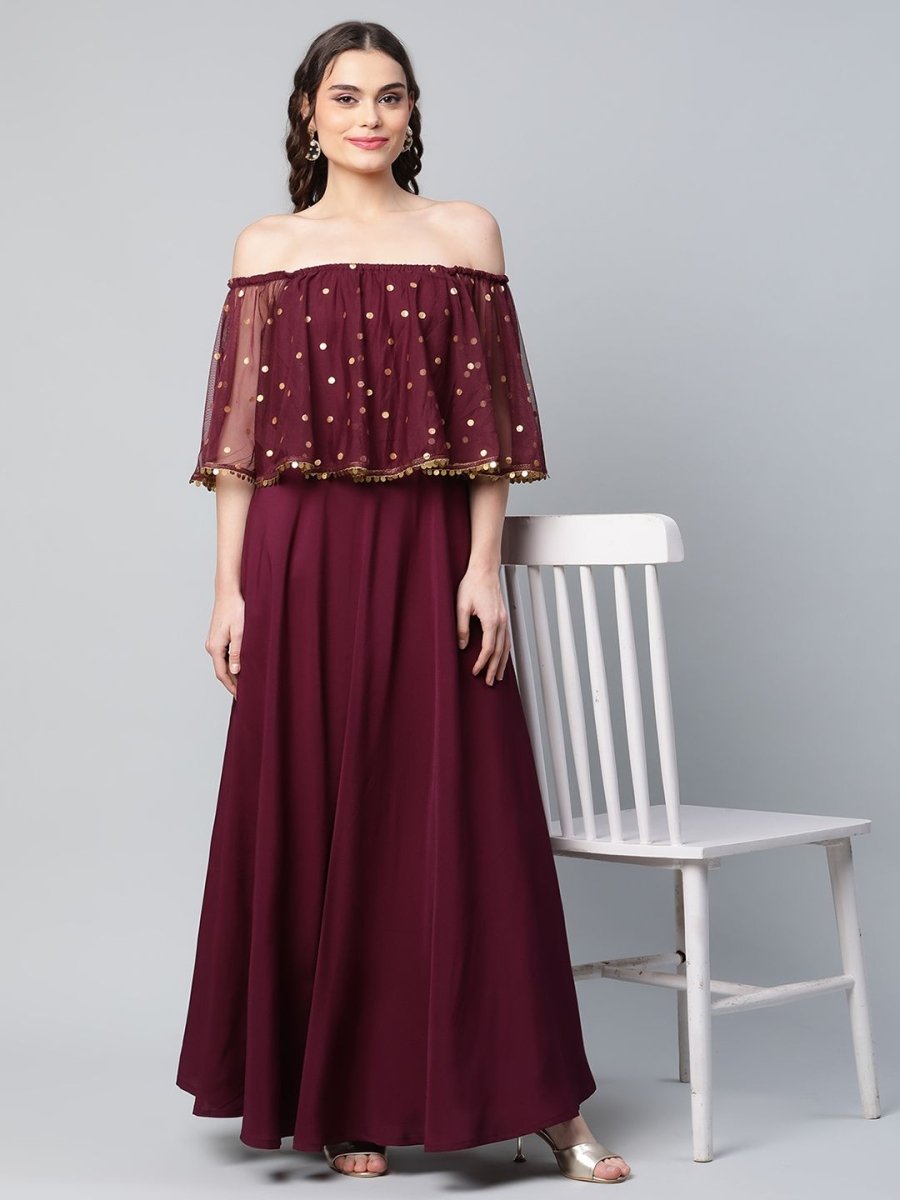 Ahalyaa Women Wine Colour Crepe & Net Gold Printed Dress - Distacart