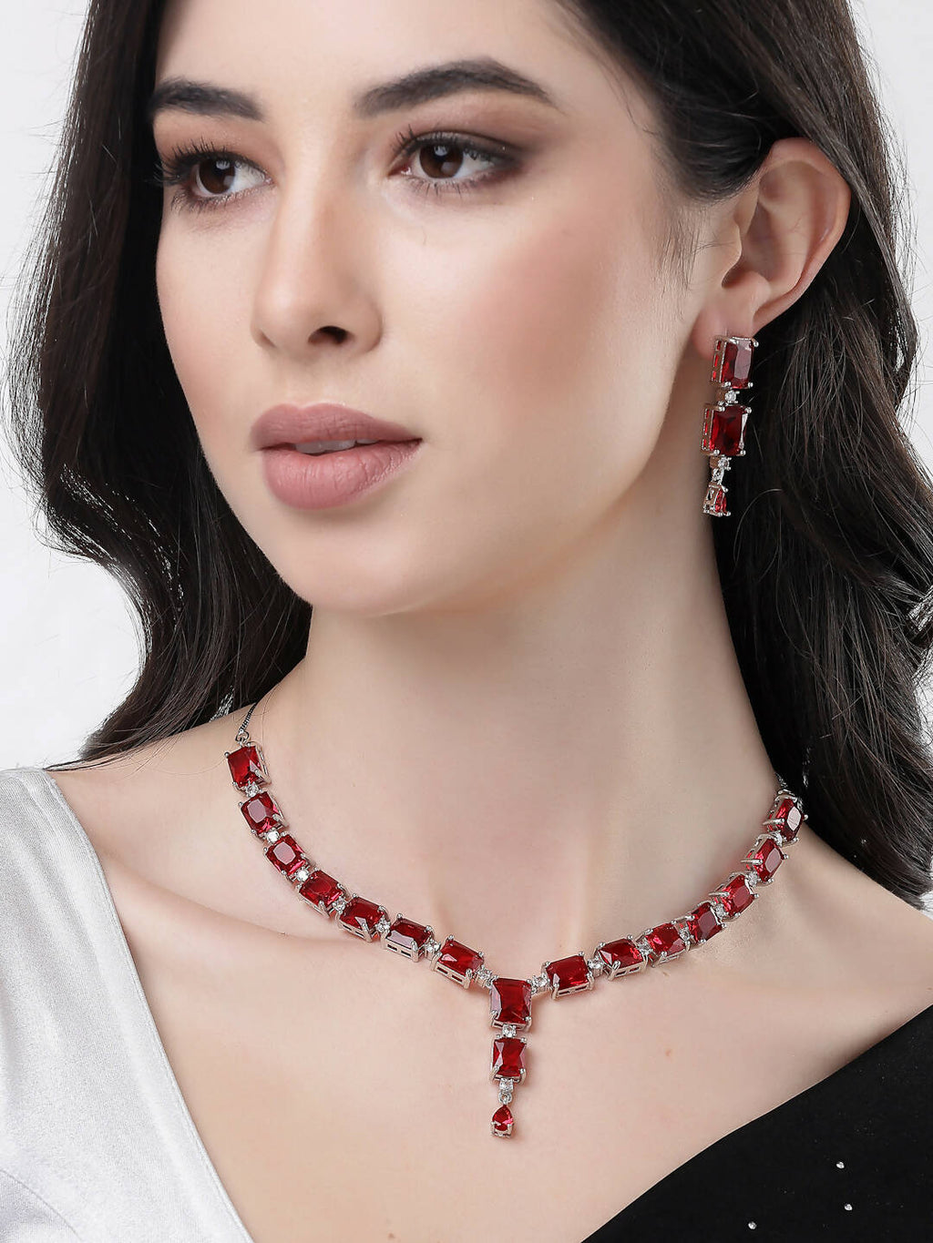 NVR Women Silver Plated & Maroon Cz Stone Handcrafted Jewellery Set