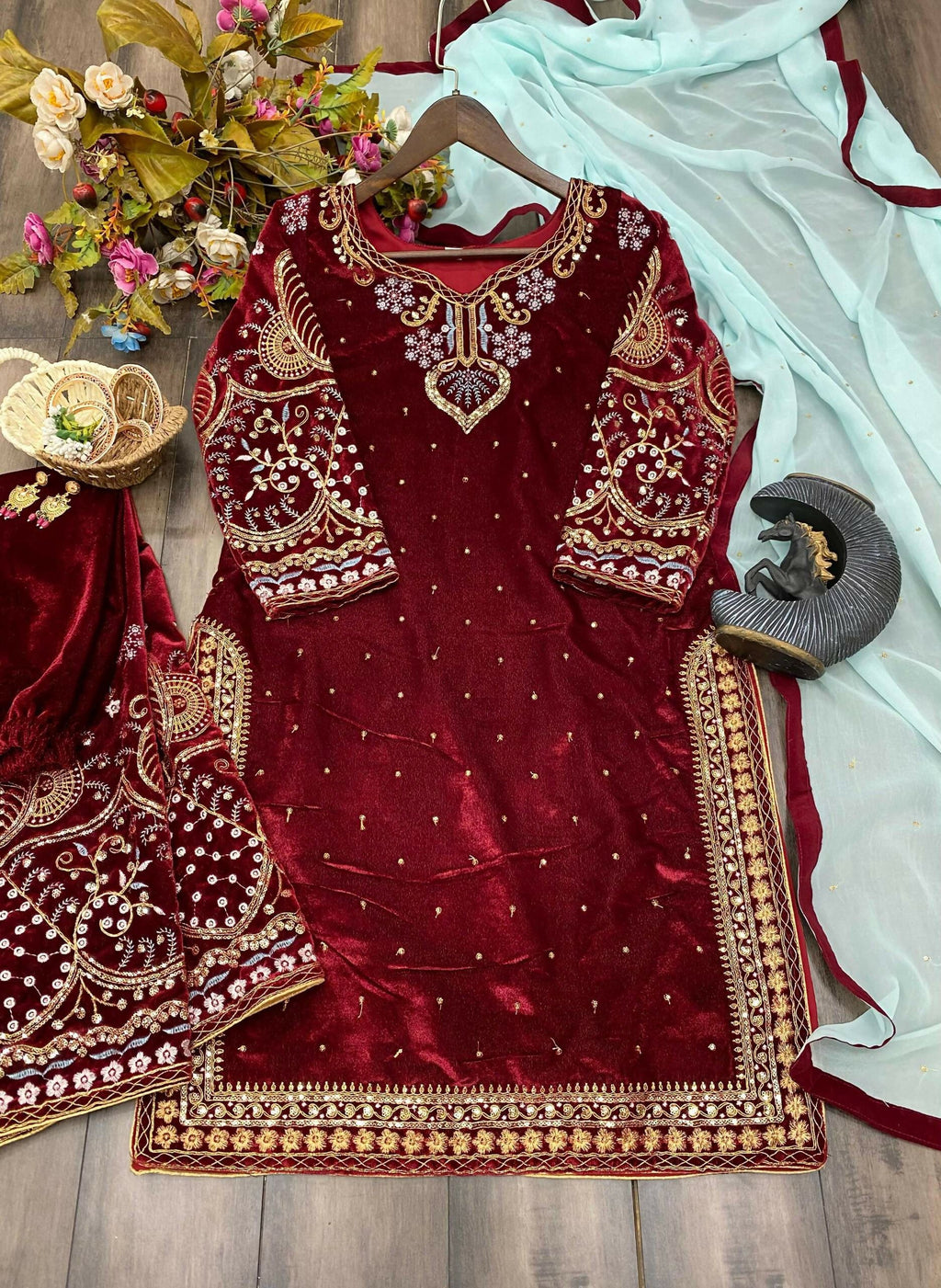 Vastranavya Maroon Viscose Velvet Cording Sequence Embroidery Work Suit With Dupatta - Distacart