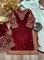 Vastranavya Maroon Viscose Velvet Cording Sequence Embroidery Work Suit With Dupatta - Distacart