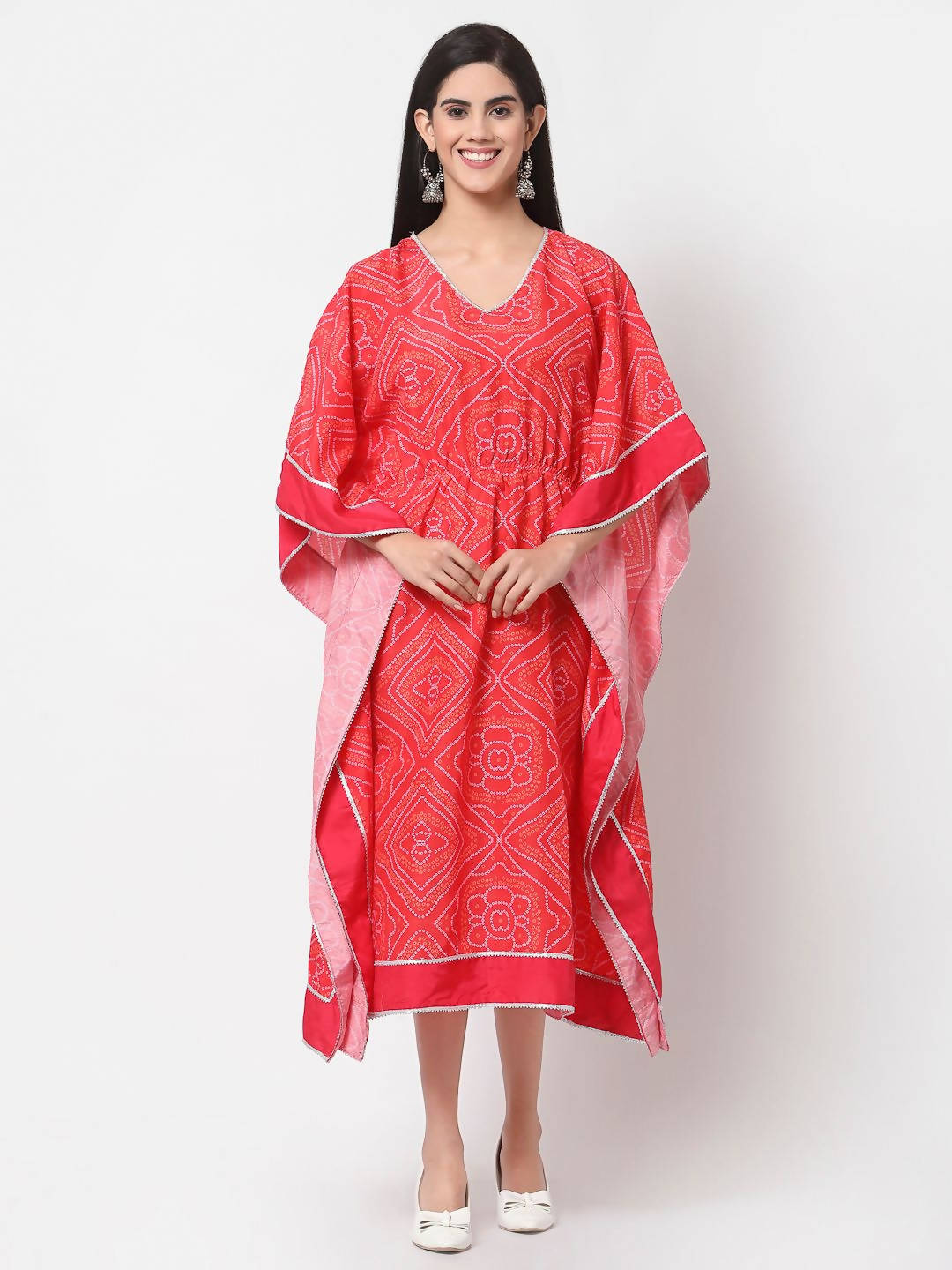 Myshka Pink Cotton Printed 3/4 Sleeve V Neck Casual Kaftan