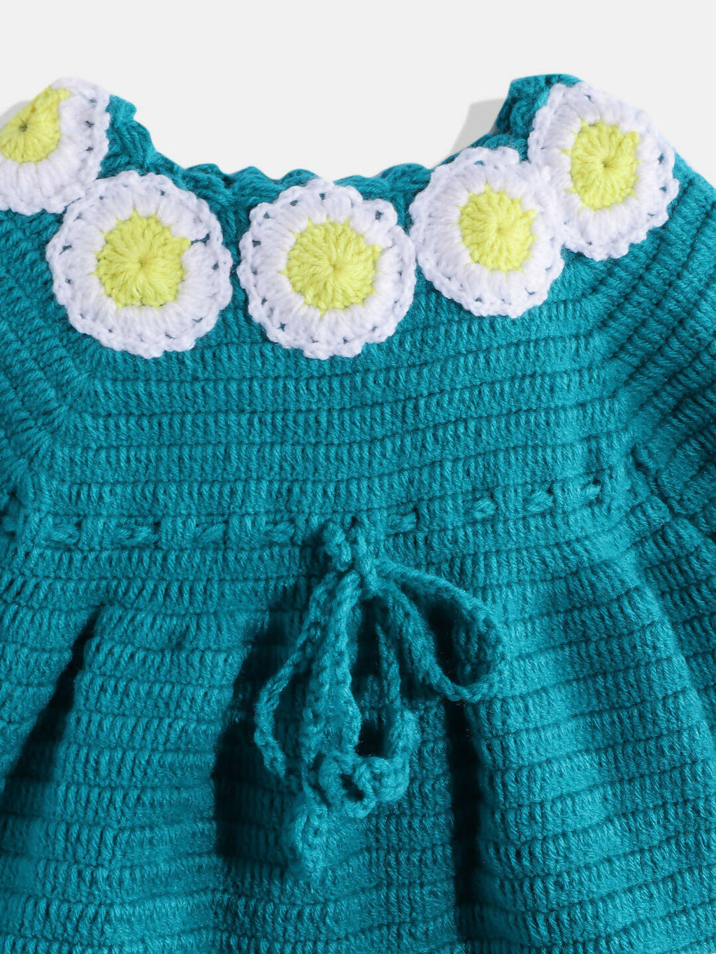 Chutput Kids Woollen Hand Knitted Full Sleeves Daisy Detail Dress For Baby Girls - Sea Green