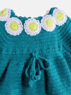 Chutput Kids Woollen Hand Knitted Full Sleeves Daisy Detail Dress For Baby Girls - Sea Green