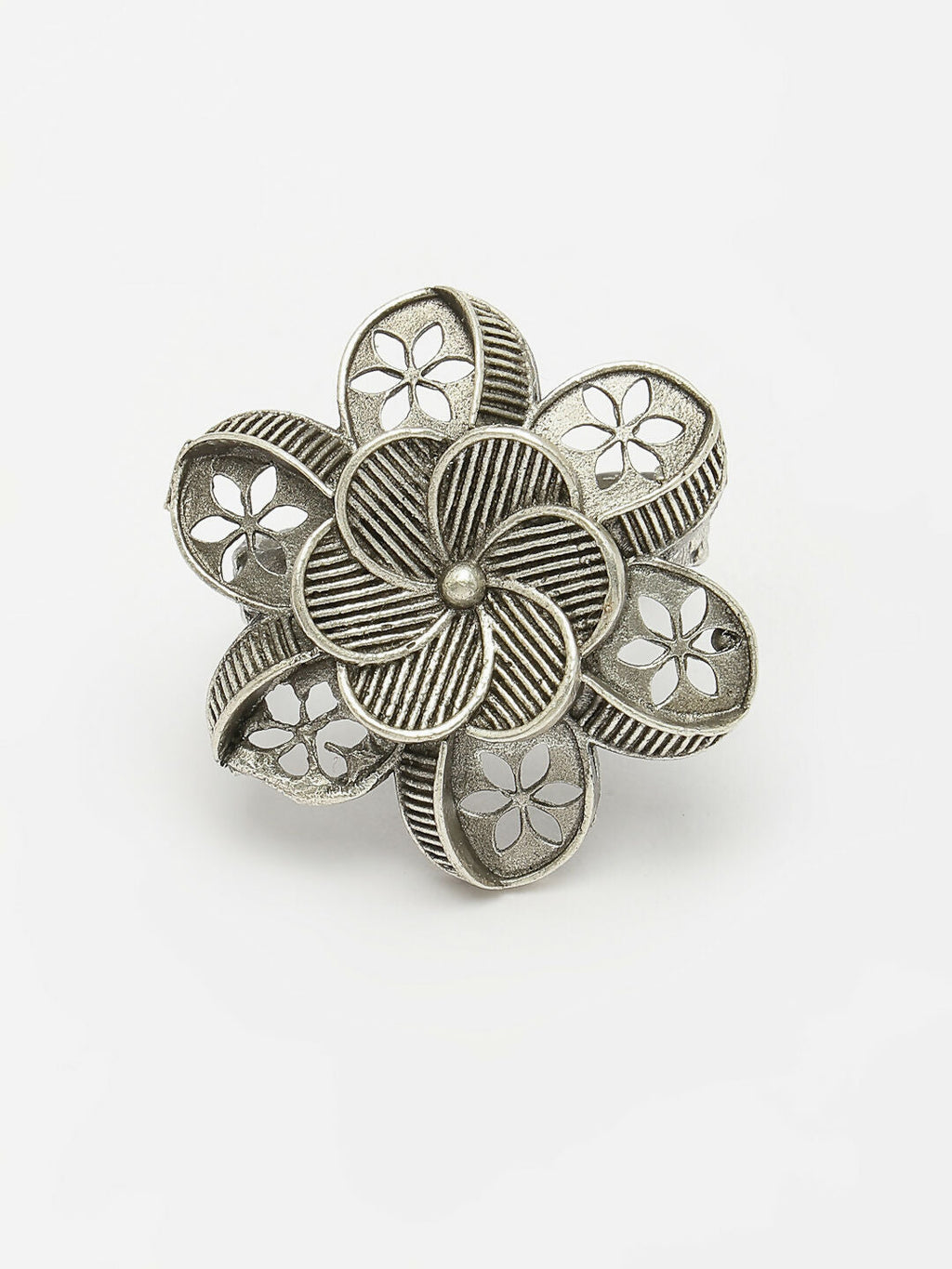 NVR Women's Silver-Toned Floral Shape Adjustable Finger Ring