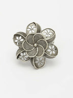 NVR Women's Silver-Toned Floral Shape Adjustable Finger Ring