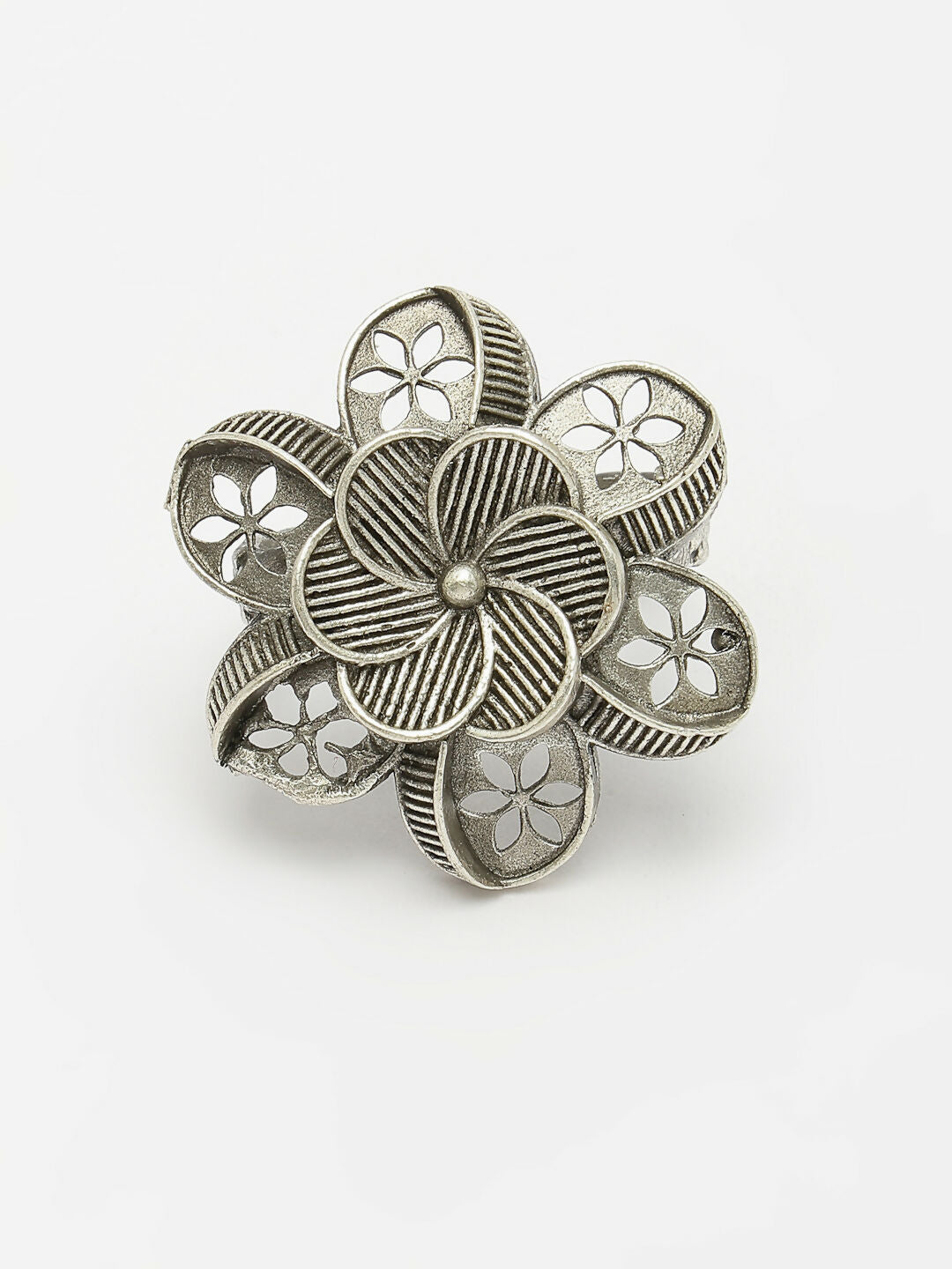 NVR Women's Silver-Toned Floral Shape Adjustable Finger Ring