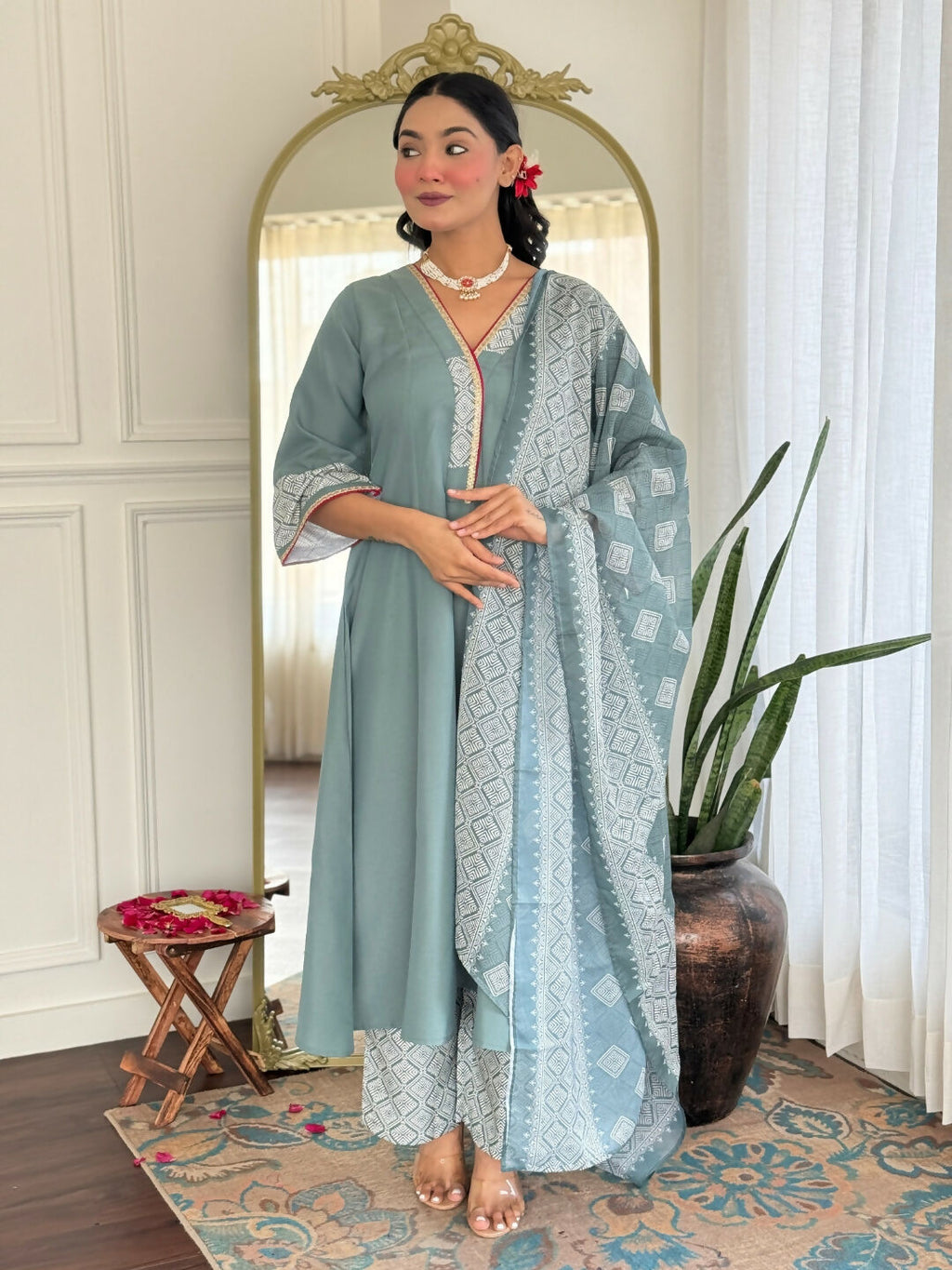 The52 Women's Beautiful Rayon Fabric Embroidery Work A-Line Kurta Pant and Dupatta Set - Distacart