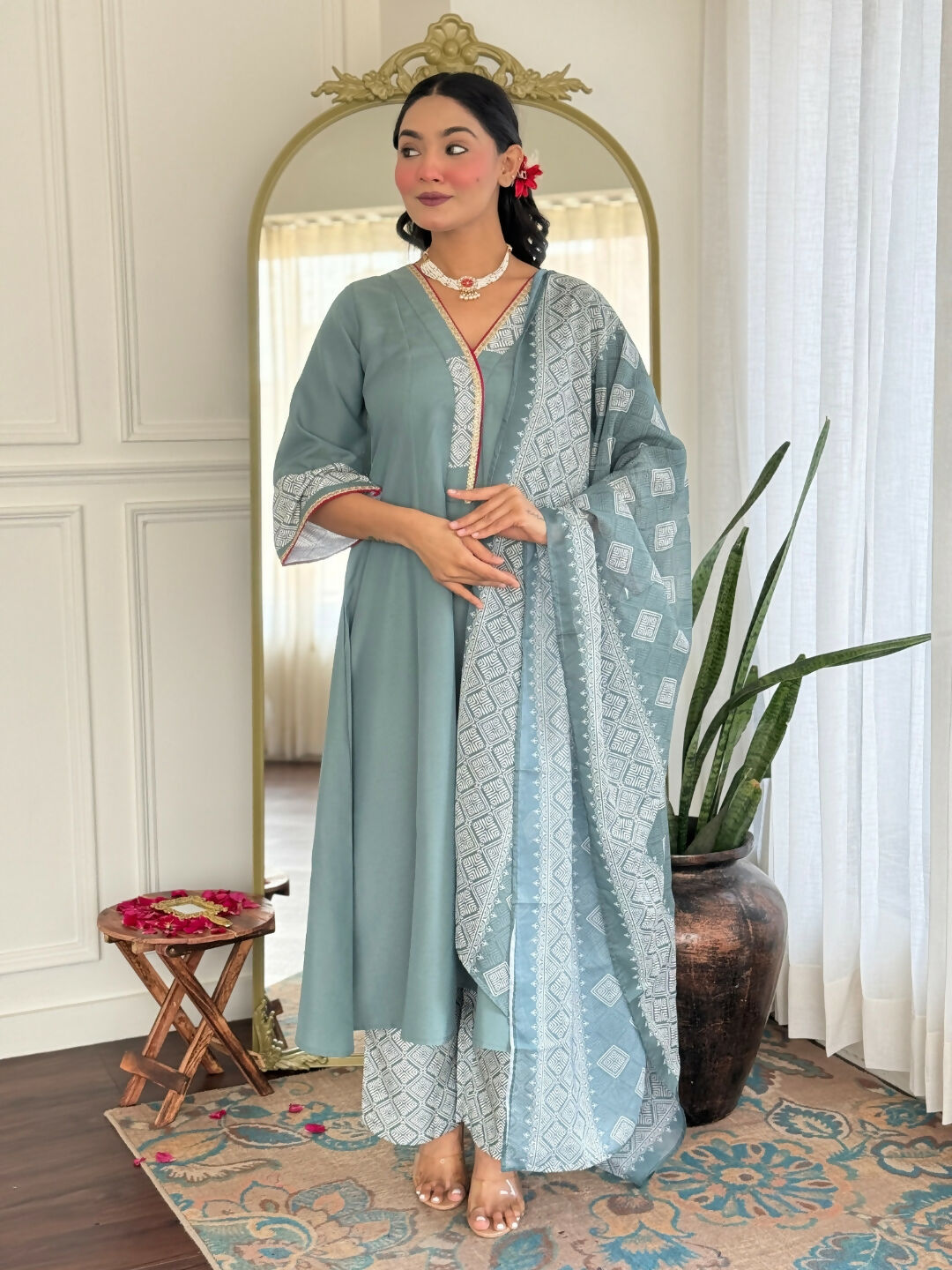 The52 Women's Beautiful Rayon Fabric Embroidery Work A-Line Kurta Pant and Dupatta Set - Distacart