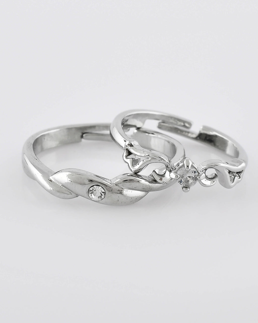 VOJ Stainless Steel Cubic Zirconia Silver Plated Adjustable Ring Set for Couple