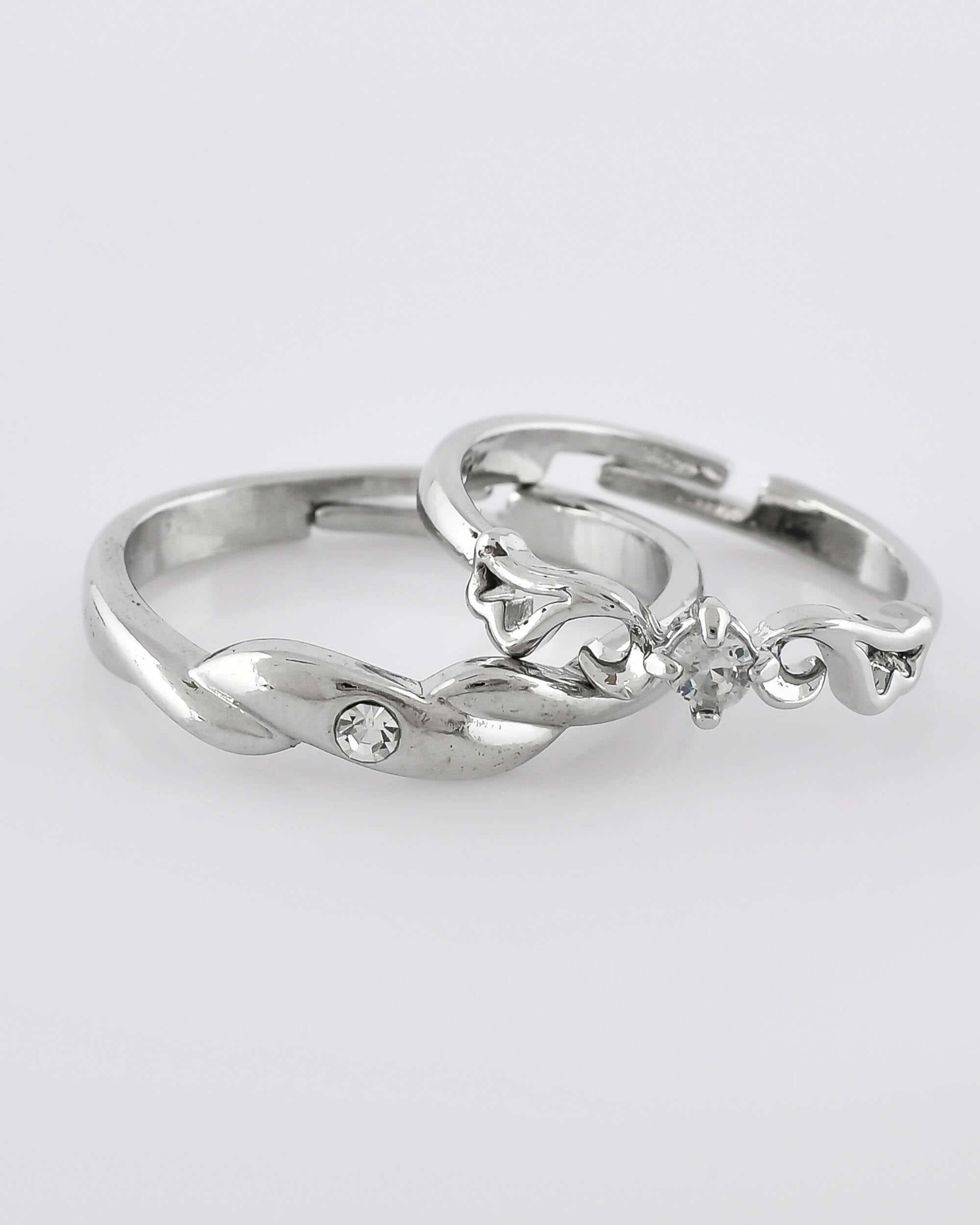 VOJ Stainless Steel Cubic Zirconia Silver Plated Adjustable Ring Set for Couple